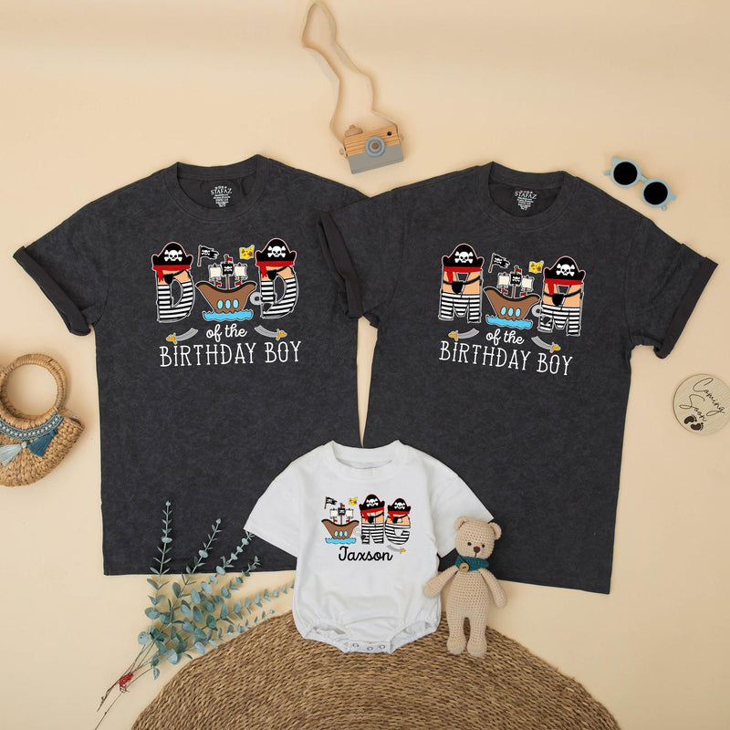 Pirate Birthday Boy Matching Family Shirts with Cartoon Ship Design, Mom Dad Toddler First Birthday Outfit, Baby Boy Gift One Year Old