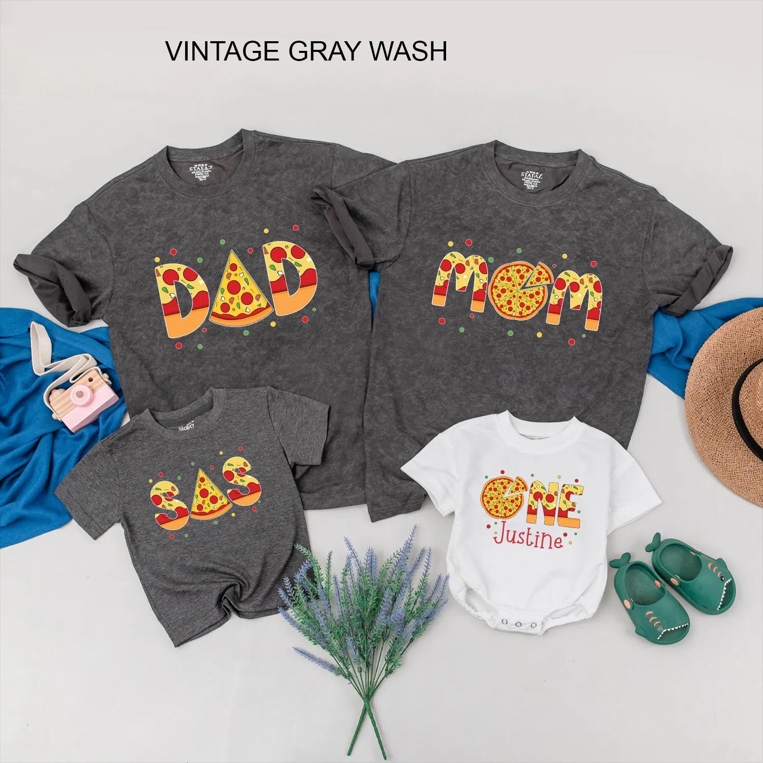 Pizza-Themed Matching Family Shirts Custom Birthday Outfits for Dad Mom Kids Baby with Personalized Name Fun Design Cotton Material