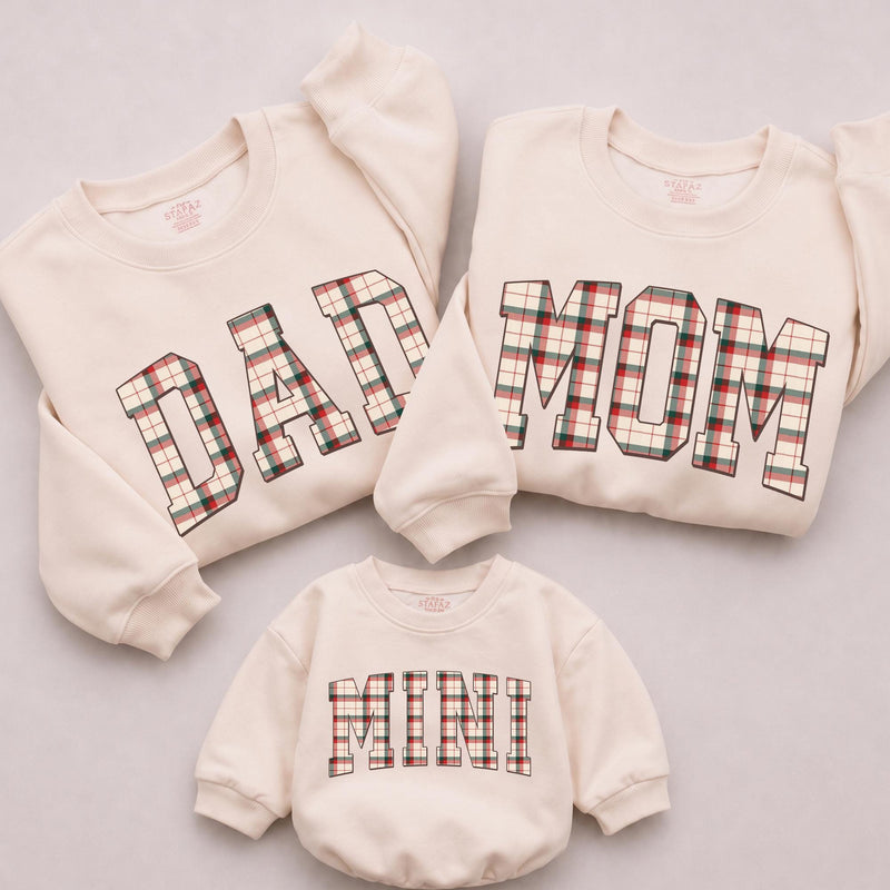 Plaid Christmas Matching Family Sweatshirts with 'Mom', 'Dad', 'Bro', and 'Mini', Holiday Pajamas, Buy 4+ Get 1 Free Banner