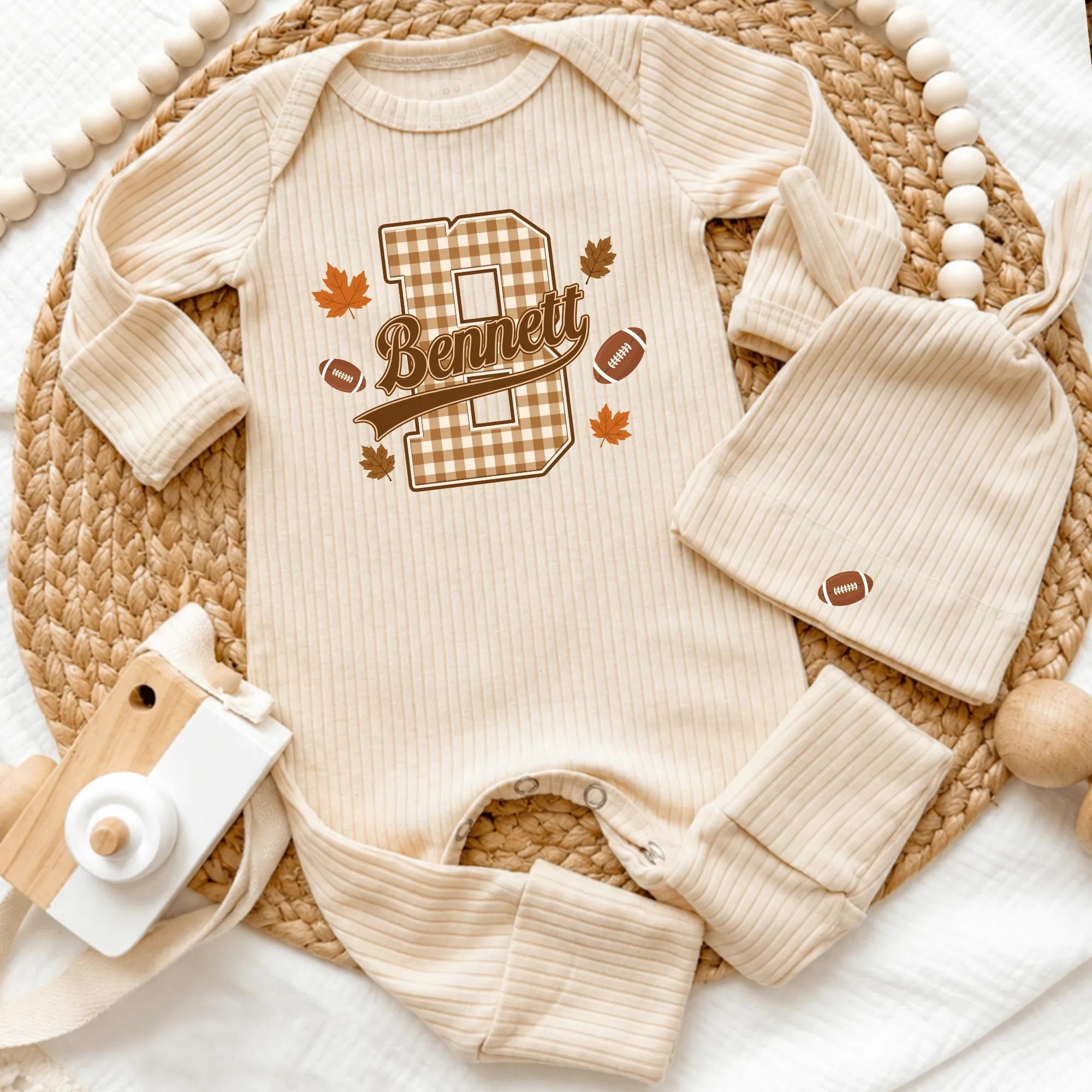 Plaid Football Newborn Bodysuit with Fall Leaves Graphic and Custom Name Hat, Baby Coming Home Outfit, Autumn Baby Shower Gift