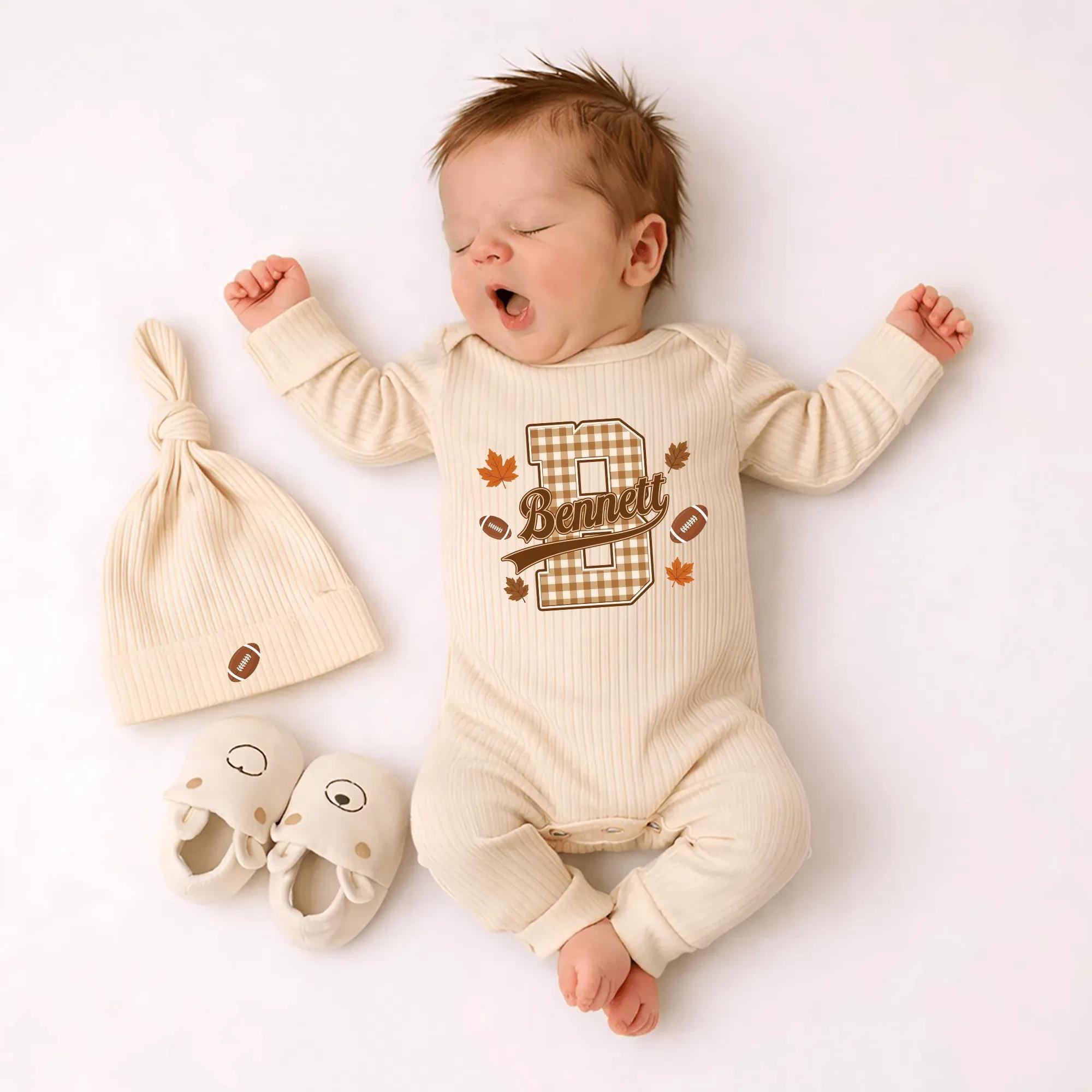 Plaid Football Newborn Bodysuit with Fall Leaves Graphic and Custom Name Hat, Baby Coming Home Outfit, Autumn Baby Shower Gift