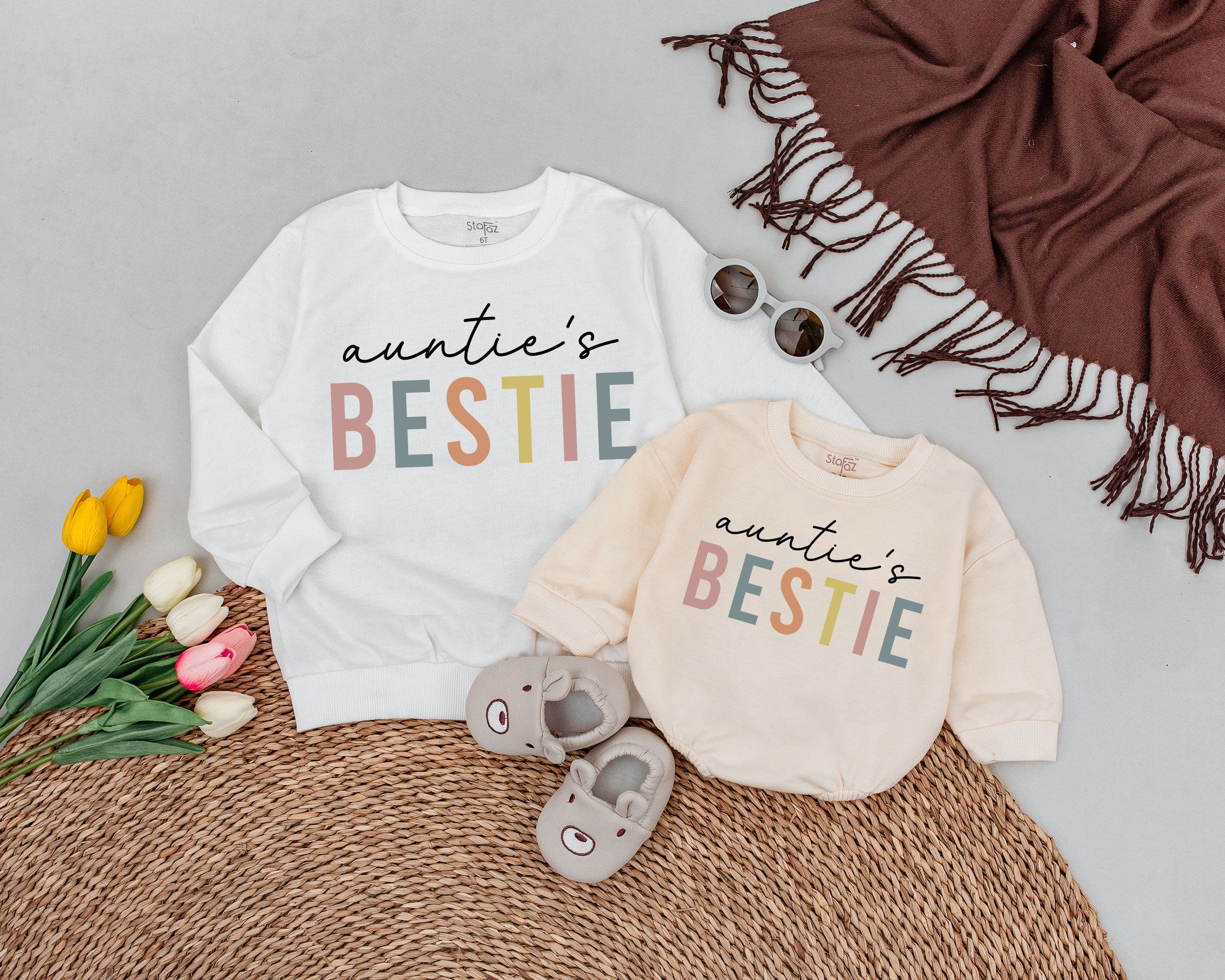 Playful Auntie and Bestie Sweatshirts Colorful Pastel Design Matching Family Outfits Custom Names Cotton Gift for Niece or Nephew