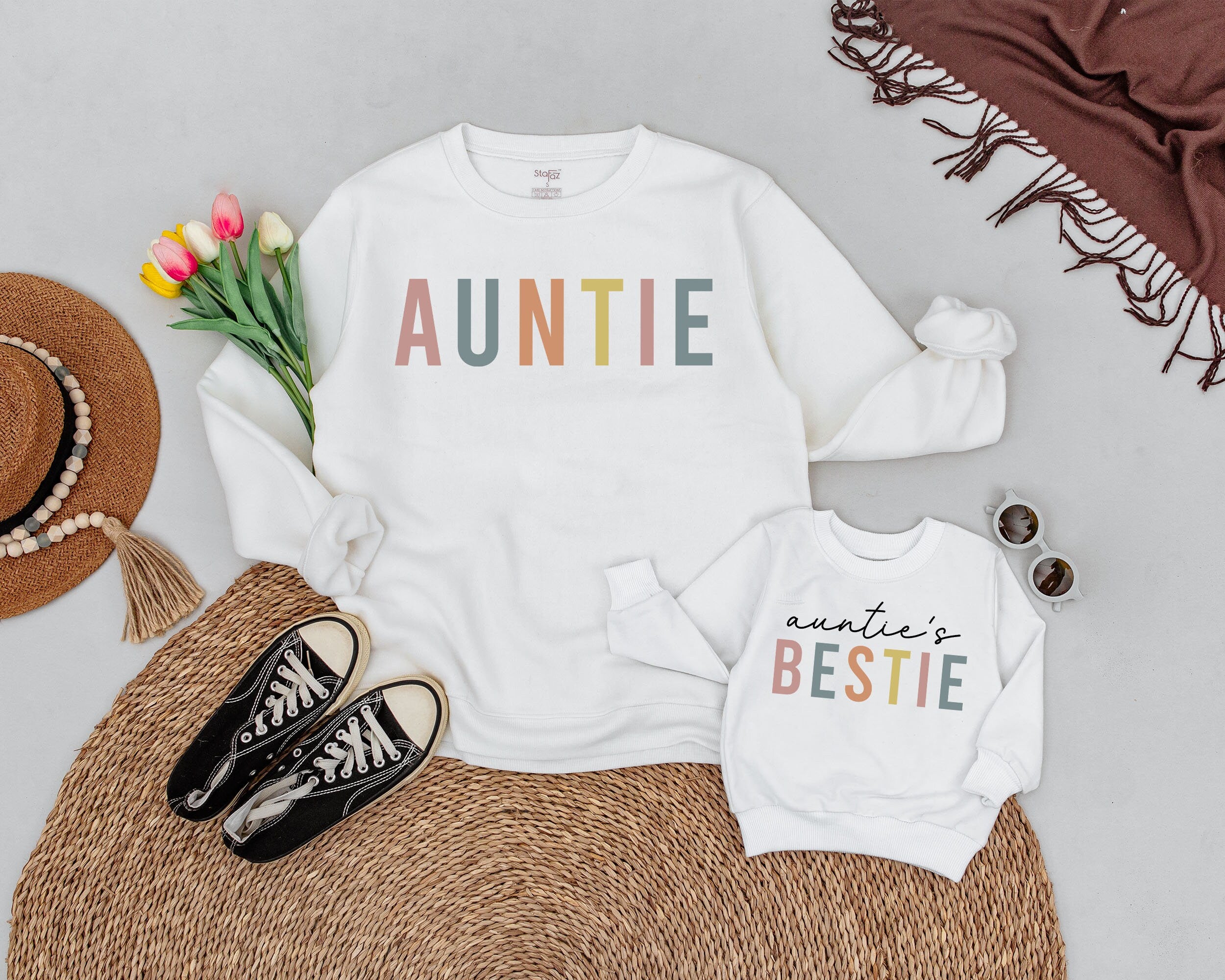 Playful Auntie and Bestie Sweatshirts Colorful Pastel Design Matching Family Outfits Custom Names Cotton Gift for Niece or Nephew