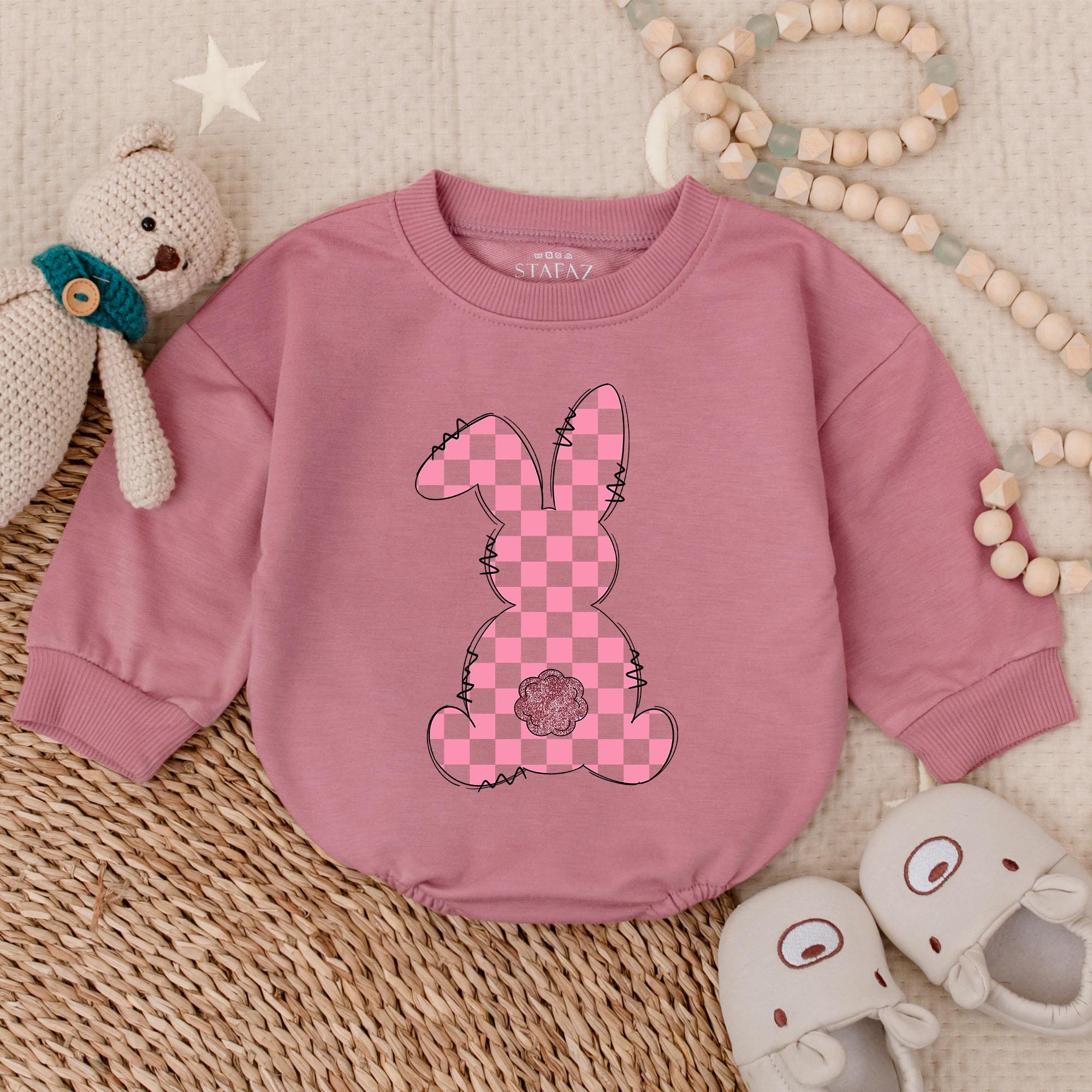 Playful Bunny Romper with Pink Checkered Pattern Baby Girl Easter Outfit Soft Cotton Infant Clothes Cute Holiday Design Gift