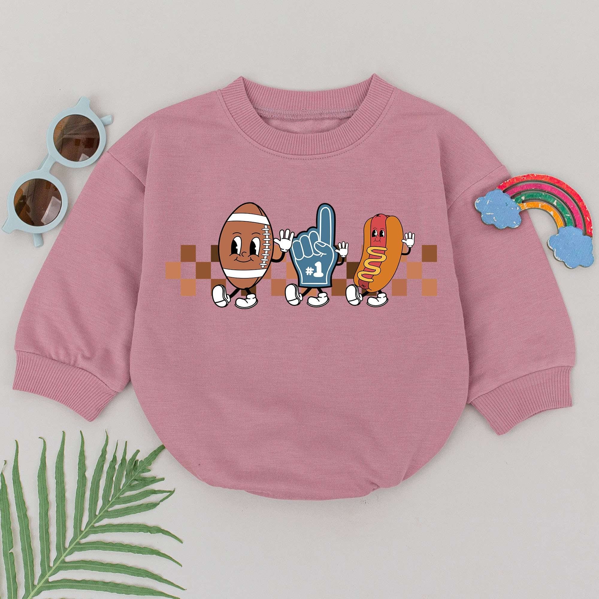 Playful Cartoon Football Romper for Baby Boys Retro Sports Style Fall Outfit with Colorful Characters and Checkered Pattern