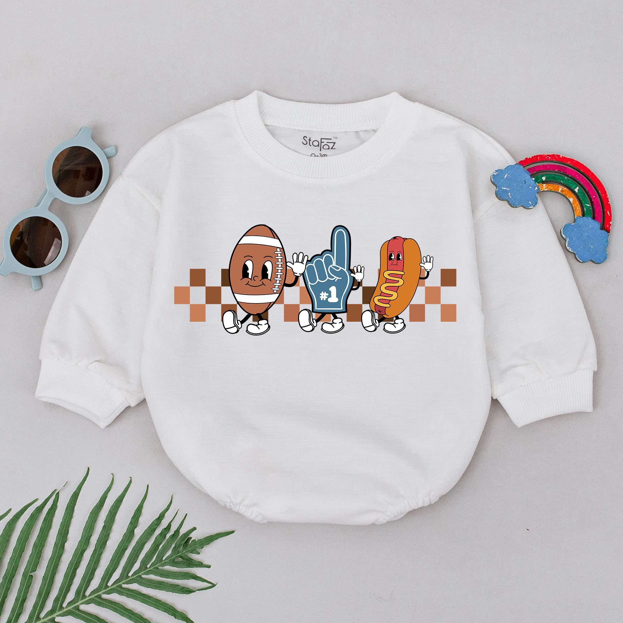 Playful Cartoon Football Romper for Baby Boys Retro Sports Style Fall Outfit with Colorful Characters and Checkered Pattern