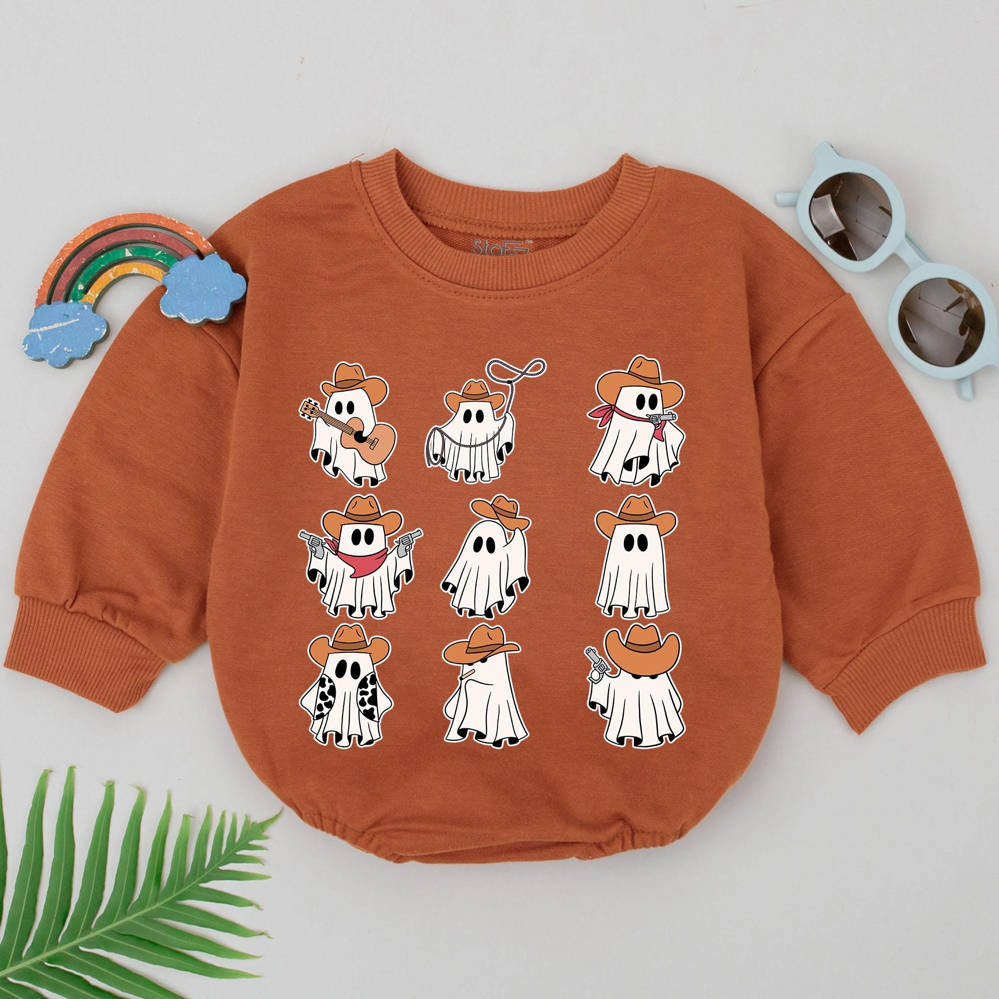 Playful Cowboy Ghost Baby Romper Soft Cotton Outfit for First Halloween Party Newborn Boys Girls Western Theme Shower Gift