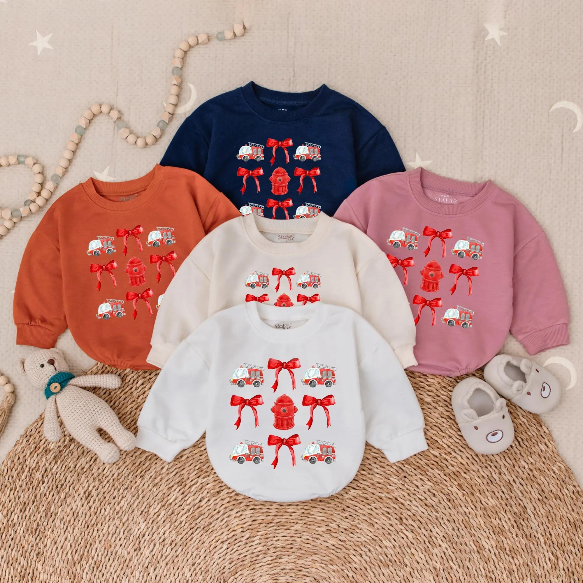 Playful Firetruck Baby Romper with Red Bow Design for Boys and Girls Cozy Cotton Infant Bodysuit Cheerful Hydrant Pattern Gift Idea