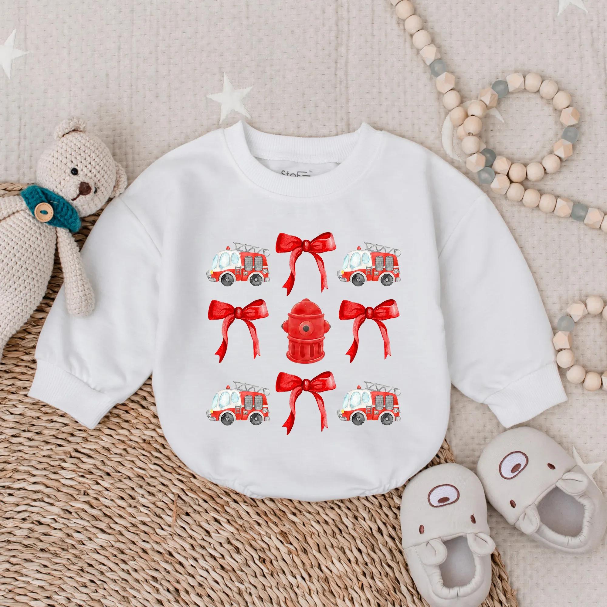 Playful Firetruck Baby Romper with Red Bow Design for Boys and Girls Cozy Cotton Infant Bodysuit Cheerful Hydrant Pattern Gift Idea