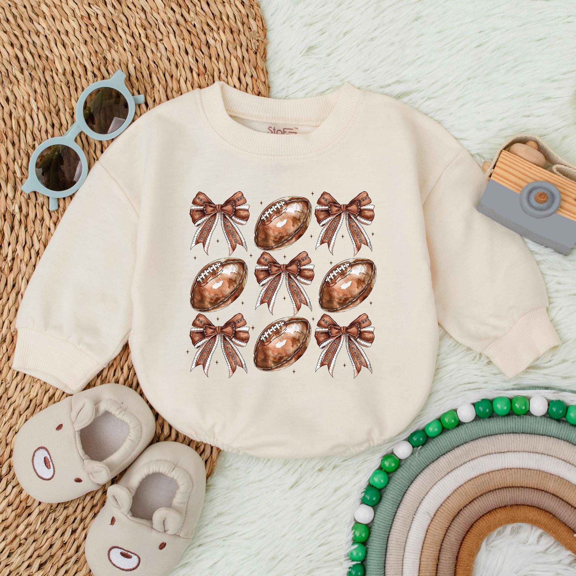 Playful Football Bow Bubble Romper for Baby Gameday Birthday Outfit Soft Cotton Comfortable Infant Sportswear for Boys and Girls