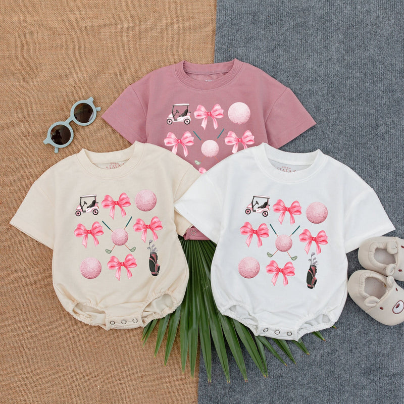 Playful Pink Golf Bow Romper for Baby Girls Whimsical Birthday Outfit Soft Cotton Short Sleeve Newborn Game Day Clothes