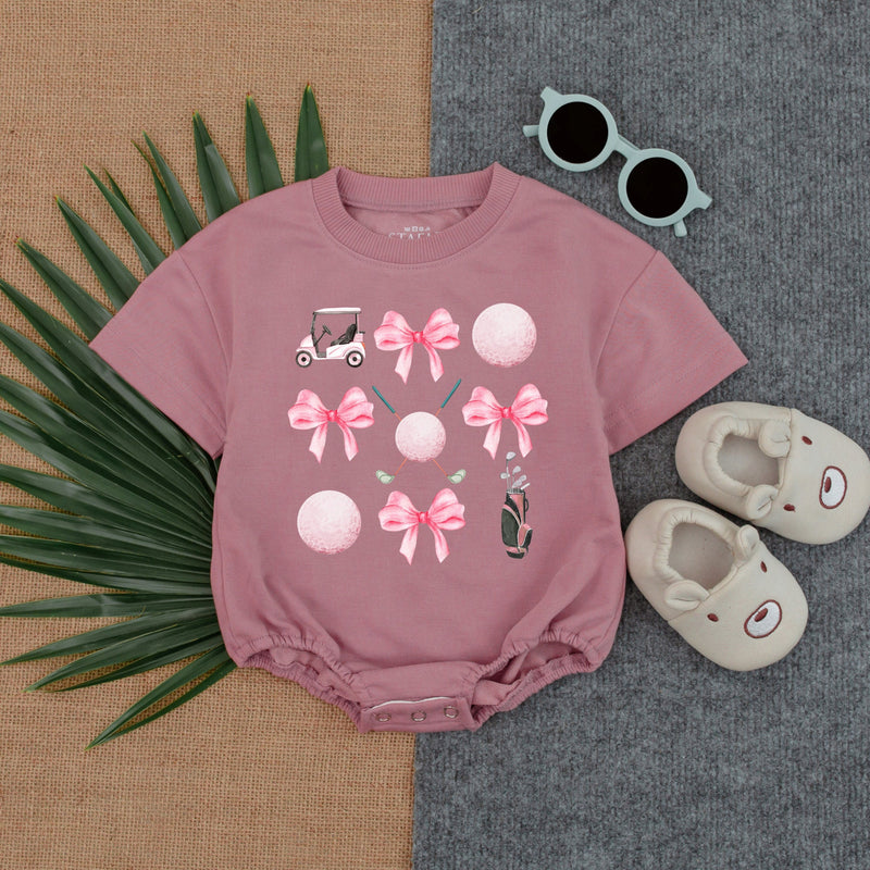 Playful Pink Golf Bow Romper for Baby Girls Whimsical Birthday Outfit Soft Cotton Short Sleeve Newborn Game Day Clothes