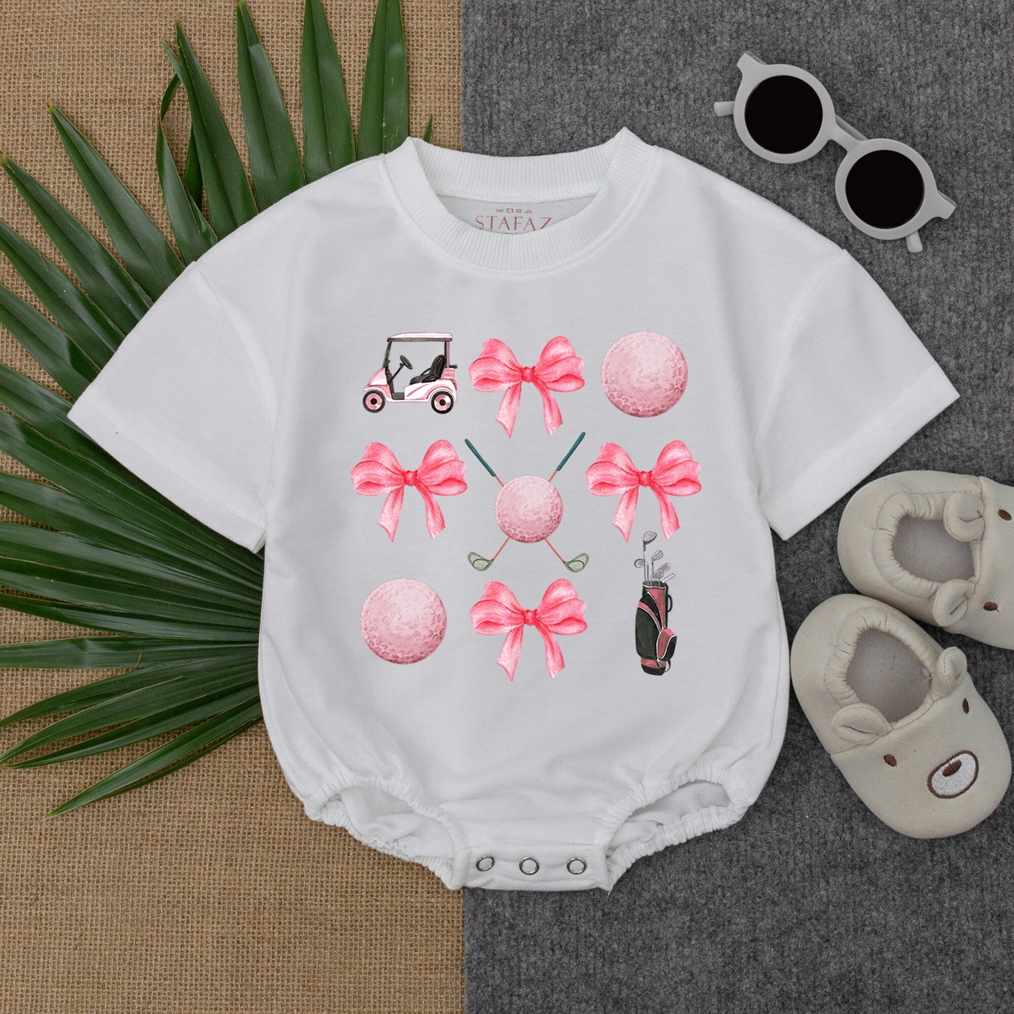 Playful Pink Golf Bow Romper for Baby Girls Whimsical Birthday Outfit Soft Cotton Short Sleeve Newborn Game Day Clothes