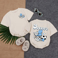 Playful Soccer Romper for Babies with Folding Chair Graphic Fun Toddler Outfit Comfortable Cotton Blue Black White Stars Gift