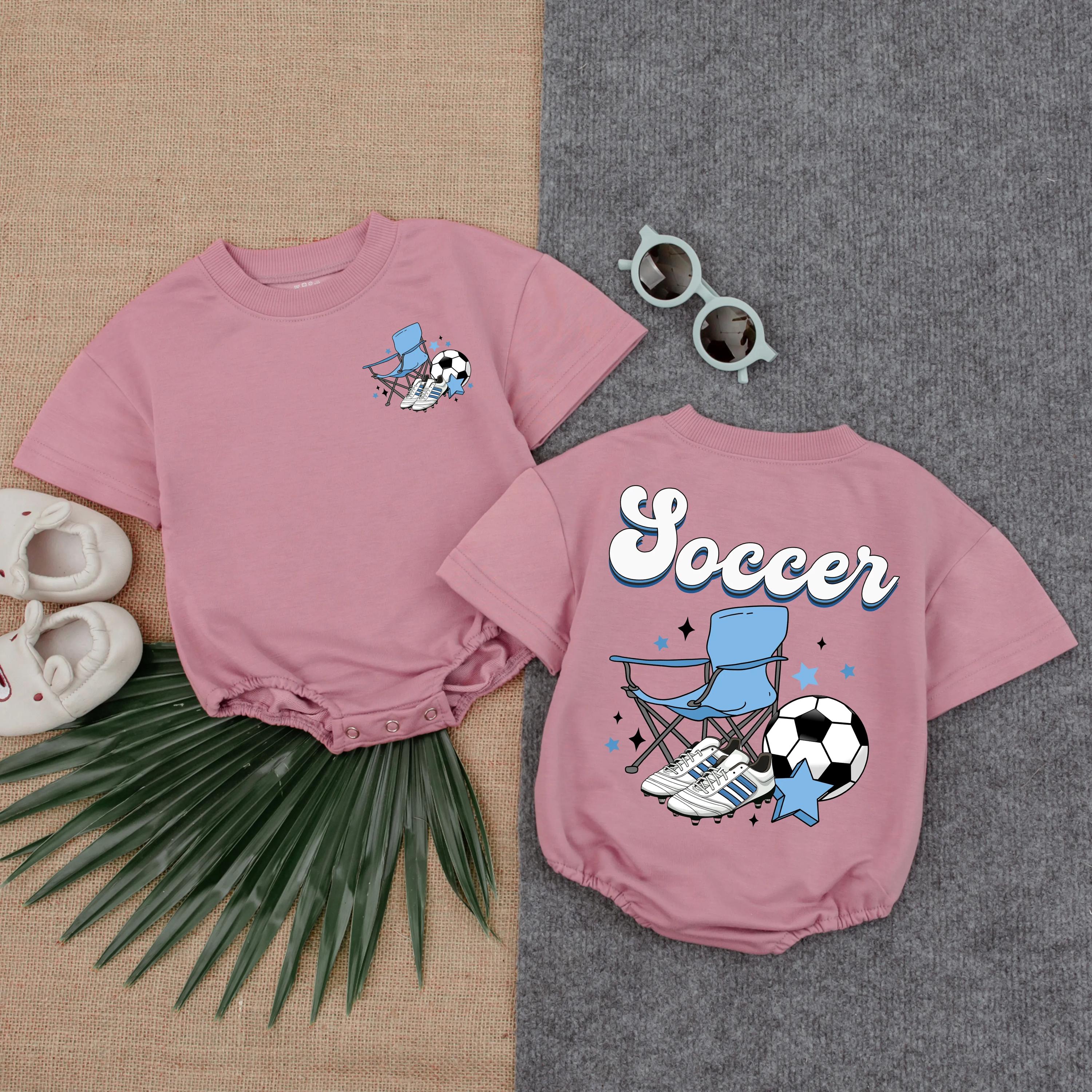 Playful Soccer Romper for Babies with Folding Chair Graphic Fun Toddler Outfit Comfortable Cotton Blue Black White Stars Gift