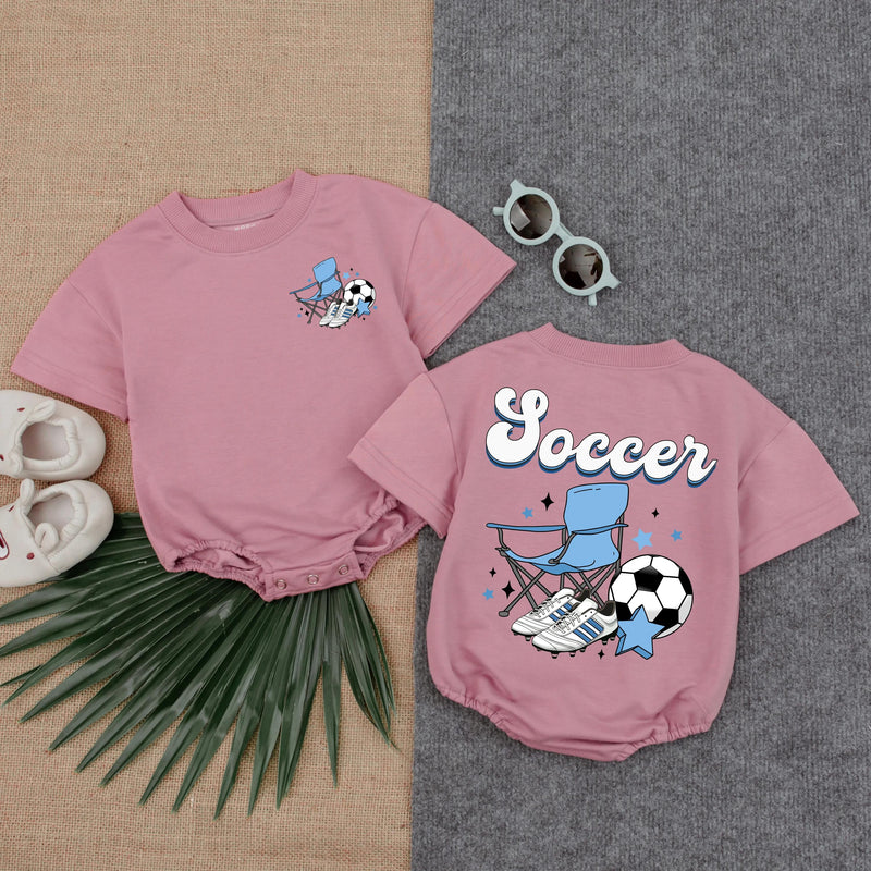 Playful Soccer Romper for Babies with Folding Chair Graphic Fun Toddler Outfit Comfortable Cotton Blue Black White Stars Gift