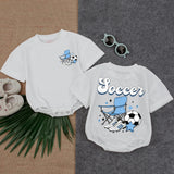 Playful Soccer Romper for Babies with Folding Chair Graphic Fun Toddler Outfit Comfortable Cotton Blue Black White Stars Gift