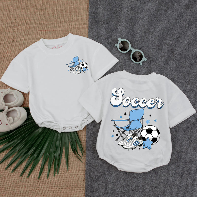 Playful Soccer Romper for Babies with Folding Chair Graphic Fun Toddler Outfit Comfortable Cotton Blue Black White Stars Gift
