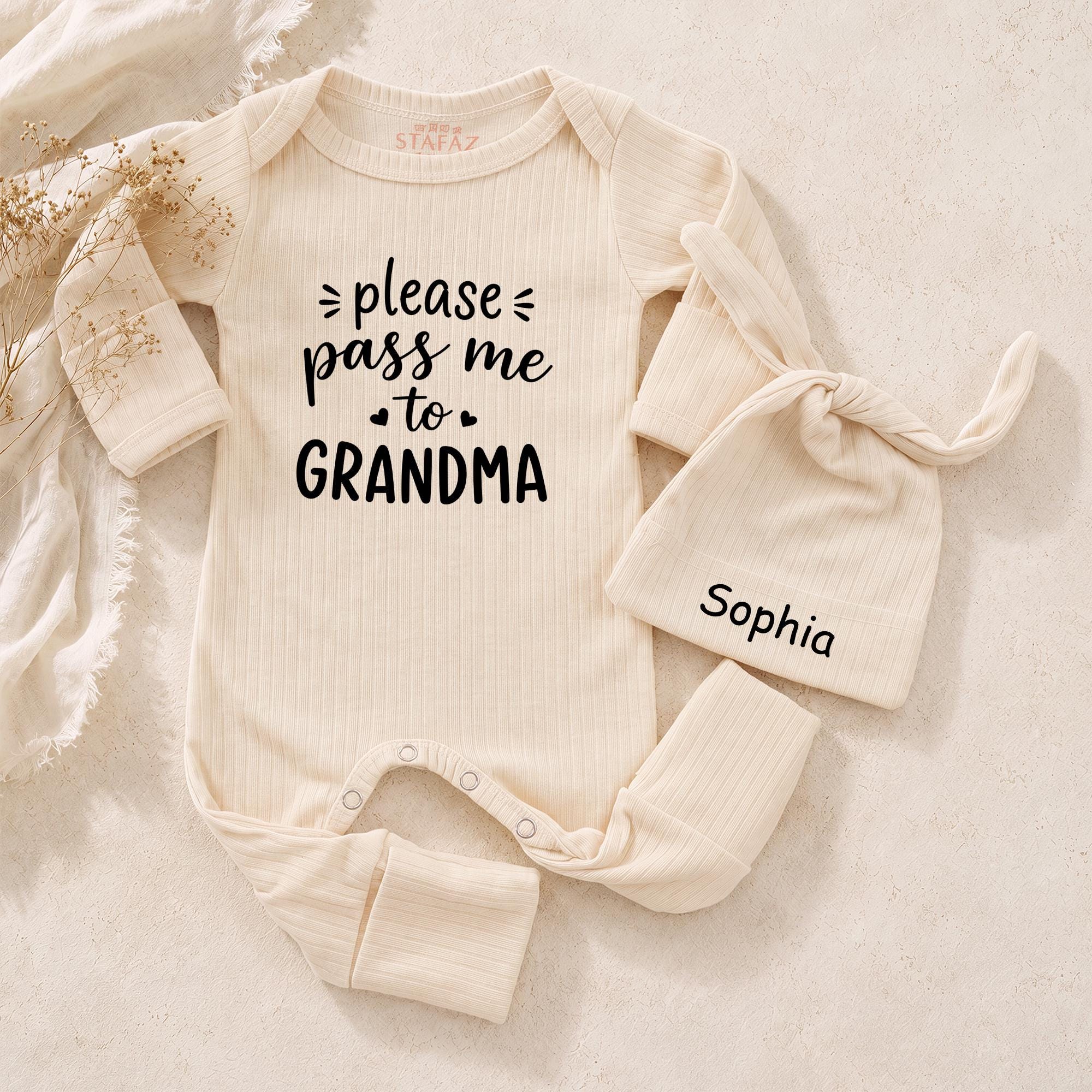 Please Pass Me to Grandma Baby Bodysuit and Hat Set with Custom Name, Newborn Hospital Outfit, Gift for New Grandma