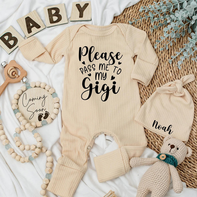 Please Pass Me to My Gigi Baby Bodysuit Custom Newborn Gift for Grandma Soft Romper Ideal Baby Shower Present Black Typography Design