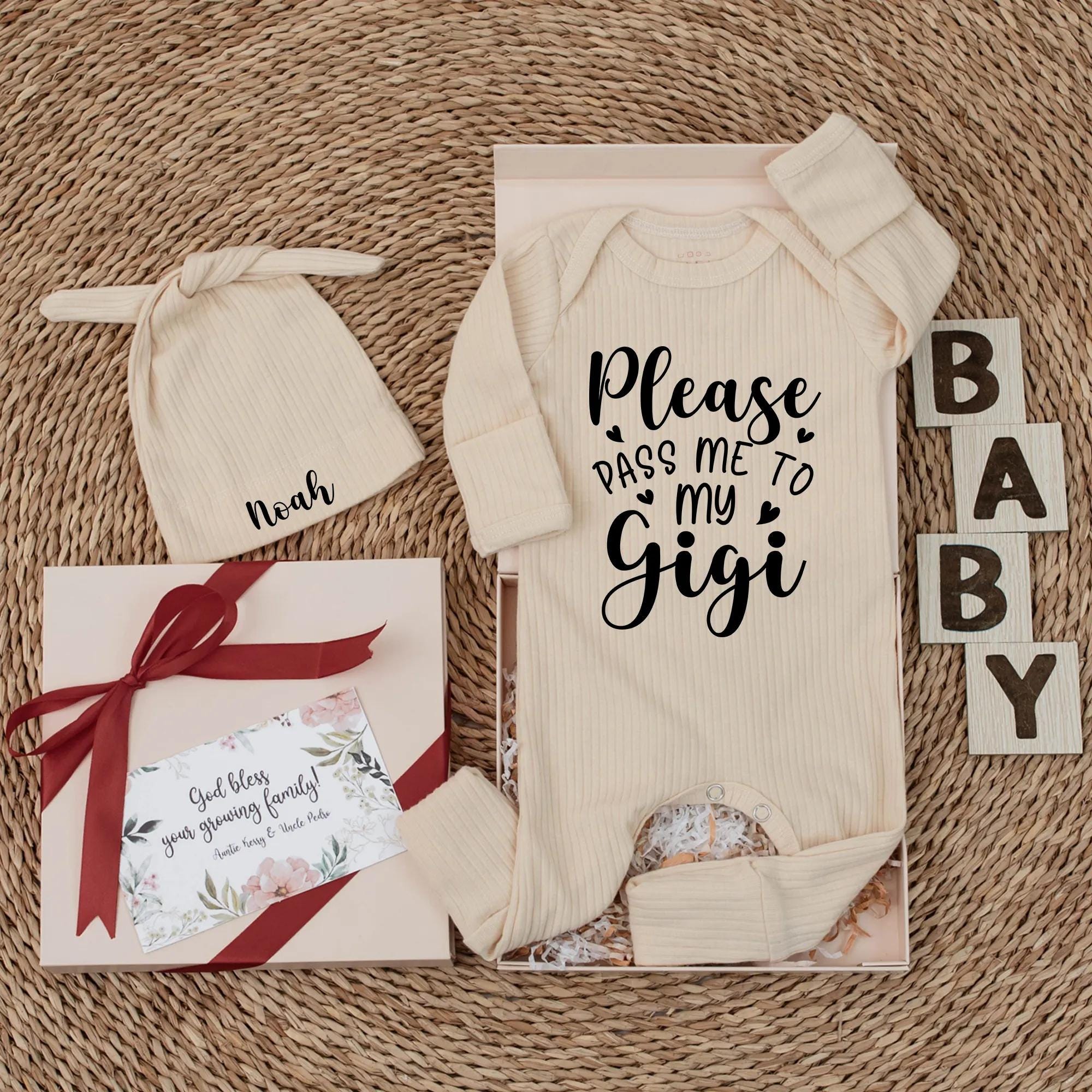 Please Pass Me to My Gigi Baby Bodysuit Custom Newborn Gift for Grandma Soft Romper Ideal Baby Shower Present Black Typography Design