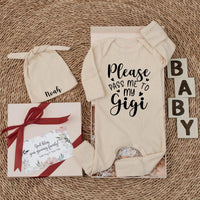 Please Pass Me to My Gigi Baby Bodysuit Custom Newborn Gift for Grandma Soft Romper Ideal Baby Shower Present Black Typography Design