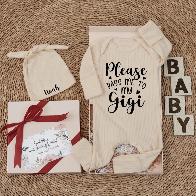 Please Pass Me to My Gigi Baby Bodysuit Custom Newborn Gift for Grandma Soft Romper Ideal Baby Shower Present Black Typography Design