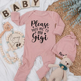 Please Pass Me to My Gigi Baby Bodysuit Custom Newborn Gift for Grandma Soft Romper Ideal Baby Shower Present Black Typography Design