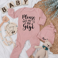 Please Pass Me to My Gigi Baby Bodysuit Custom Newborn Gift for Grandma Soft Romper Ideal Baby Shower Present Black Typography Design