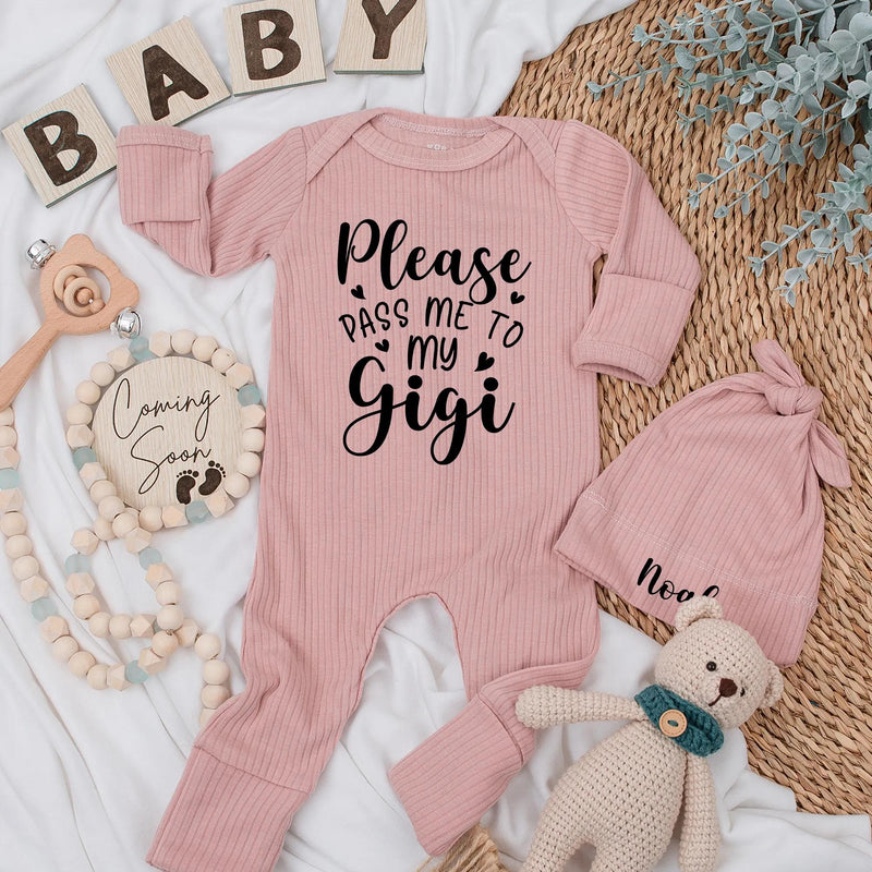 Please Pass Me to My Gigi Baby Bodysuit Custom Newborn Gift for Grandma Soft Romper Ideal Baby Shower Present Black Typography Design