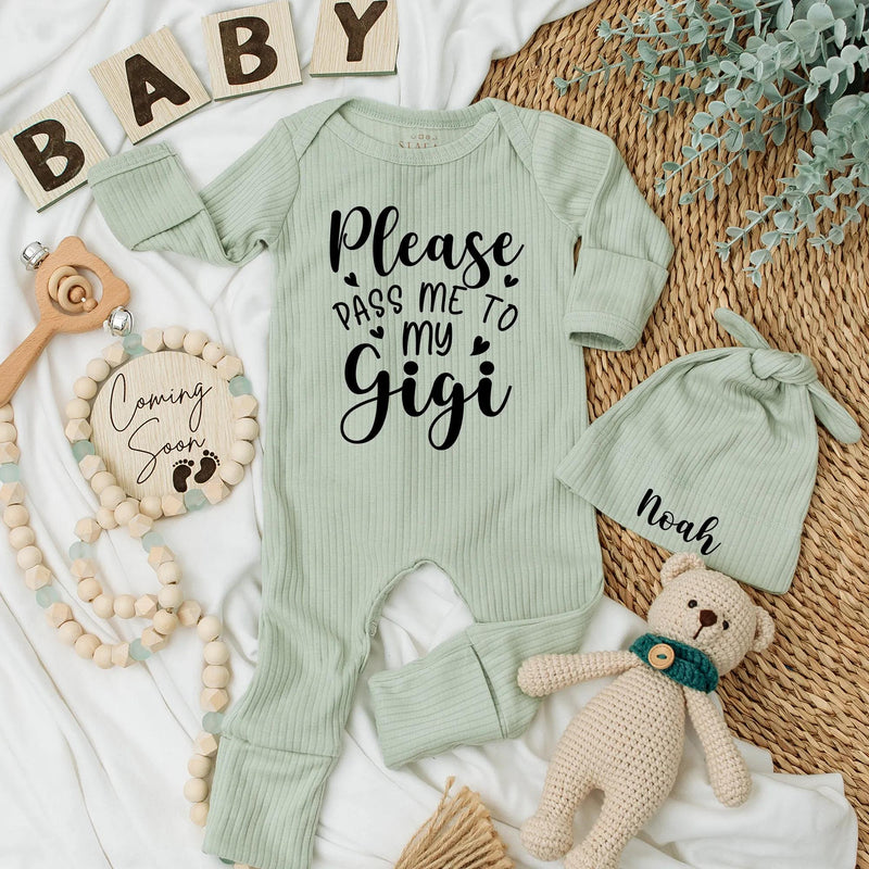 Please Pass Me to My Gigi Baby Bodysuit Custom Newborn Gift for Grandma Soft Romper Ideal Baby Shower Present Black Typography Design
