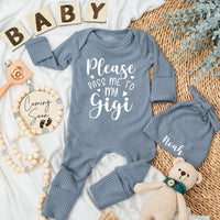 Please Pass Me to My Gigi Baby Bodysuit Custom Newborn Gift for Grandma Soft Romper Ideal Baby Shower Present Black Typography Design