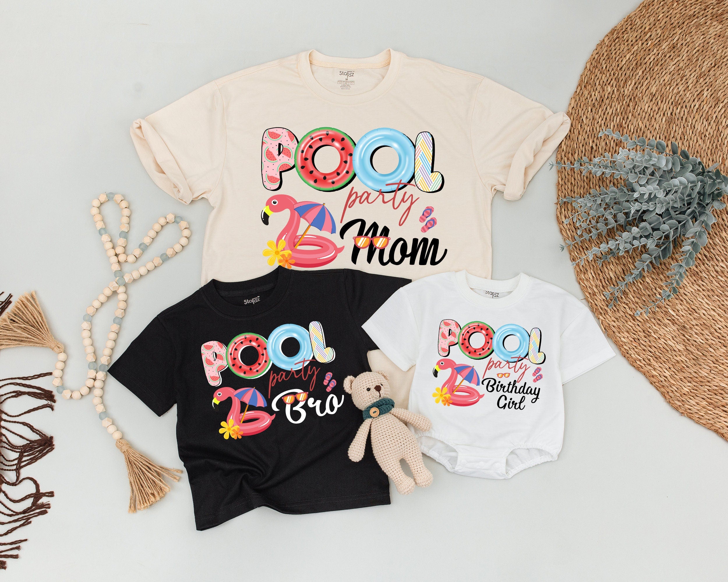 Pool Party Family Matching Shirts Colorful Flamingo Design Summer Outfit Birthday Girl Custom Names