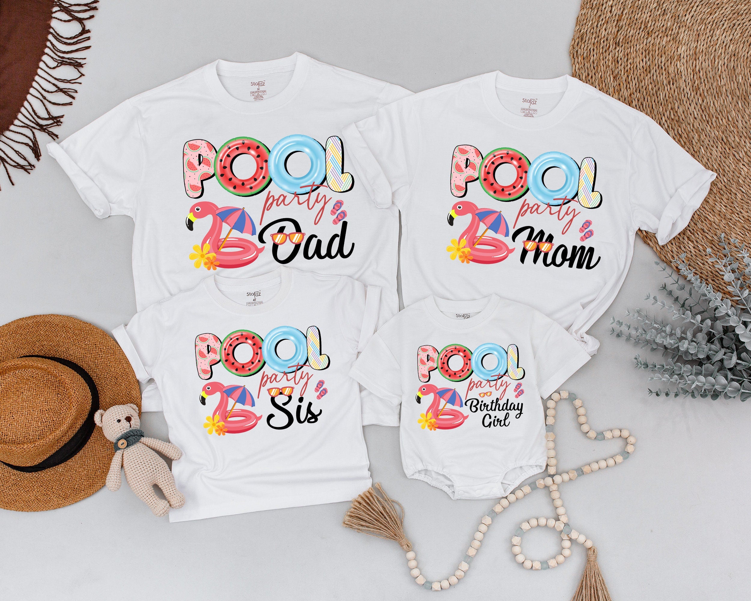 Pool Party Family Matching Shirts Colorful Flamingo Design Summer Outfit Birthday Girl Custom Names