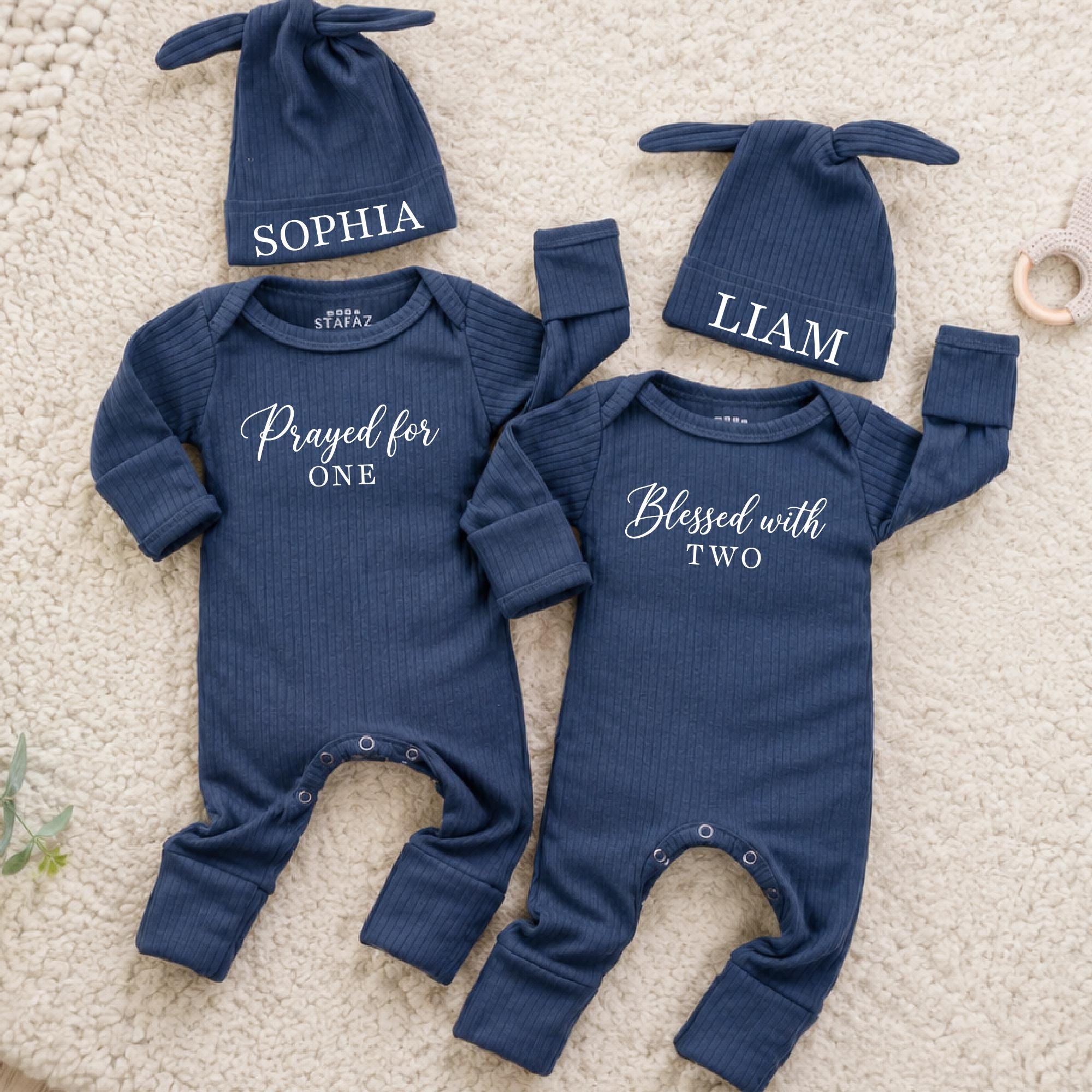 Prayed for One Blessed with Two Twin Baby Bodysuit and Hat Set, Custom Name Newborn Outfit for Twins, Baby Shower Gift