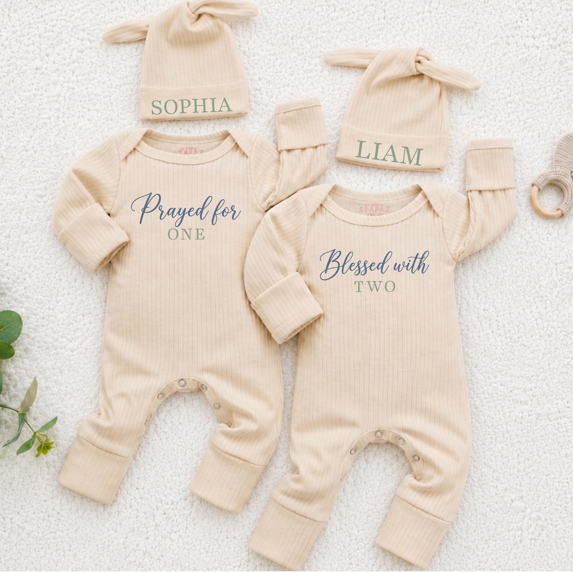 Prayed for One Blessed with Two Twin Baby Bodysuit and Hat Set, Custom Name Newborn Outfit for Twins, Baby Shower Gift