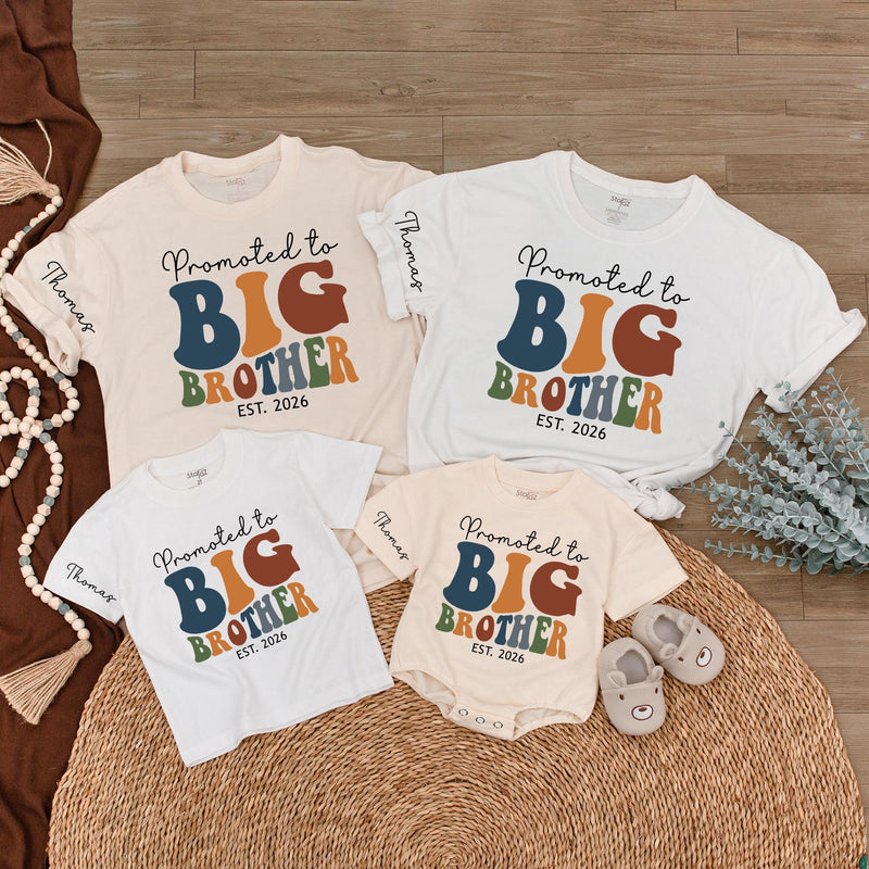 Promoted to Big Brother 2026 Baby Romper & Kids Sweatshirt, Retro Groovy Matching Family Outfit, Custom Name Sibling Announcement Gift