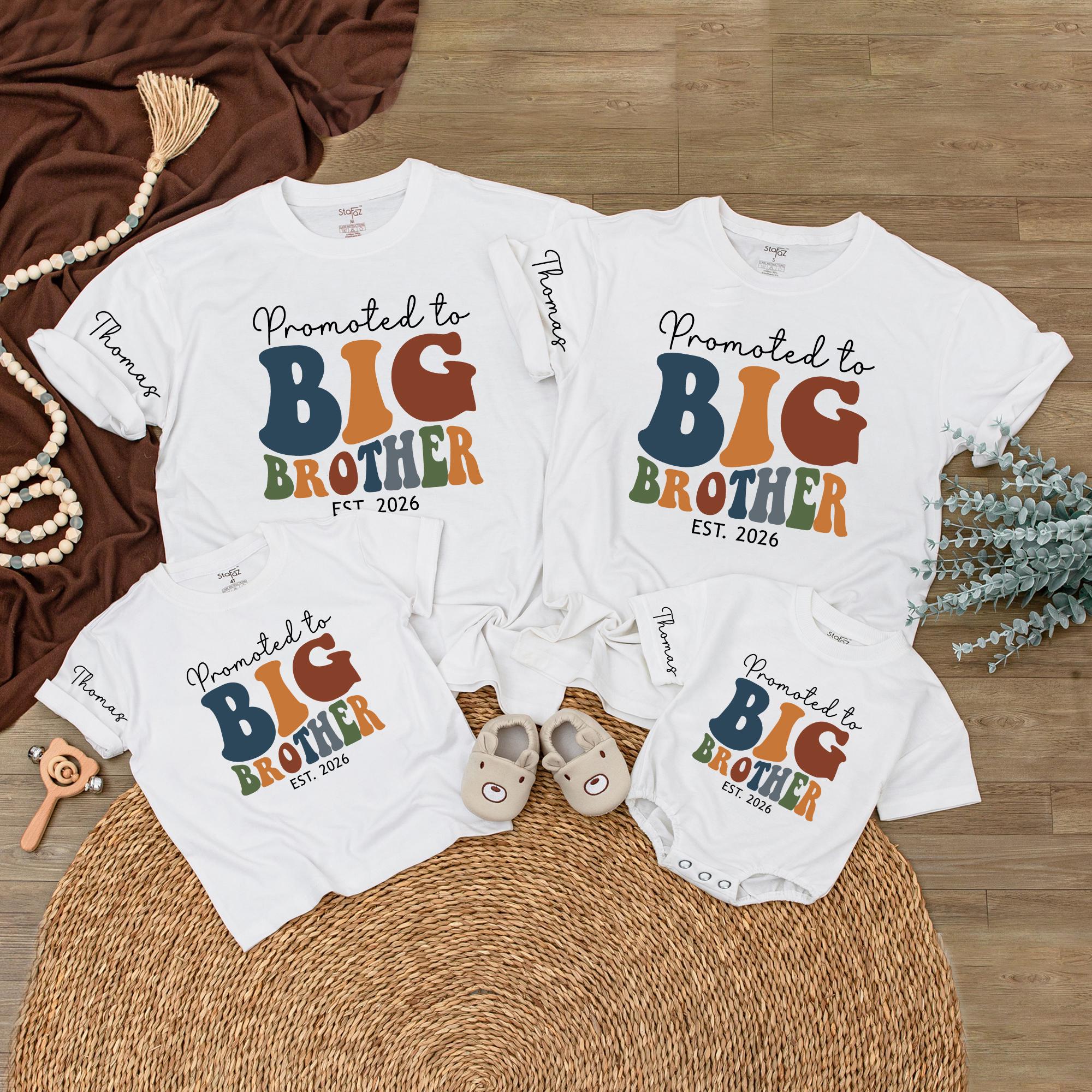Promoted to Big Brother 2026 Baby Romper & Kids Sweatshirt, Retro Groovy Matching Family Outfit, Custom Name Sibling Announcement Gift