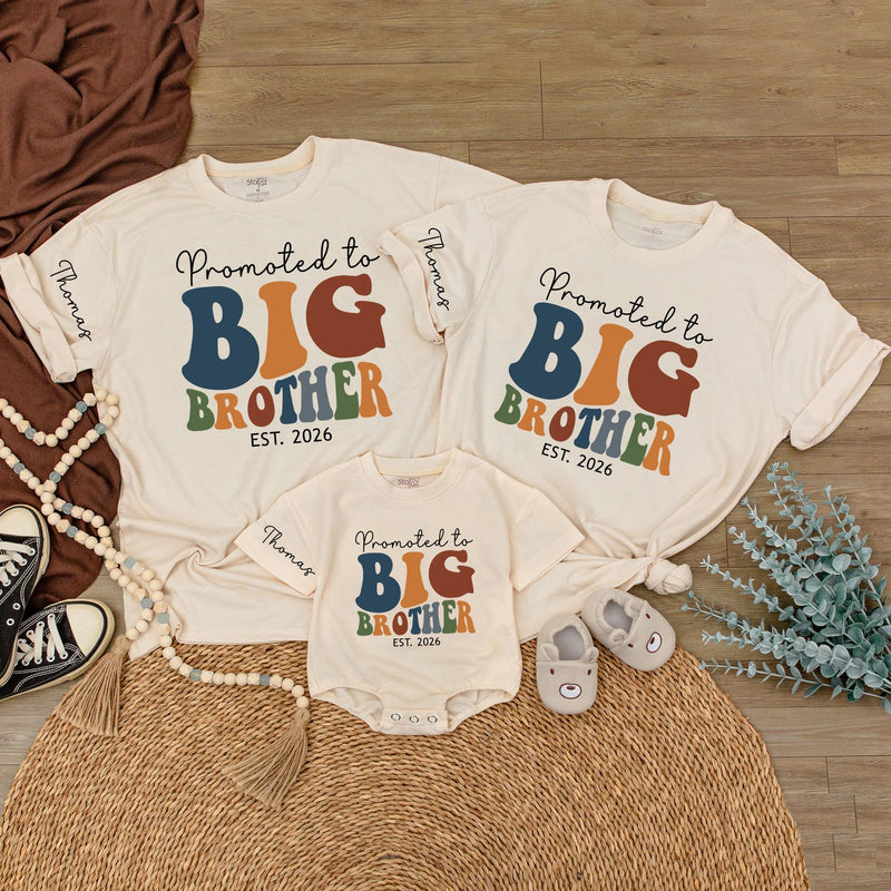 Promoted to Big Brother 2026 Baby Romper & Kids Sweatshirt, Retro Groovy Matching Family Outfit, Custom Name Sibling Announcement Gift