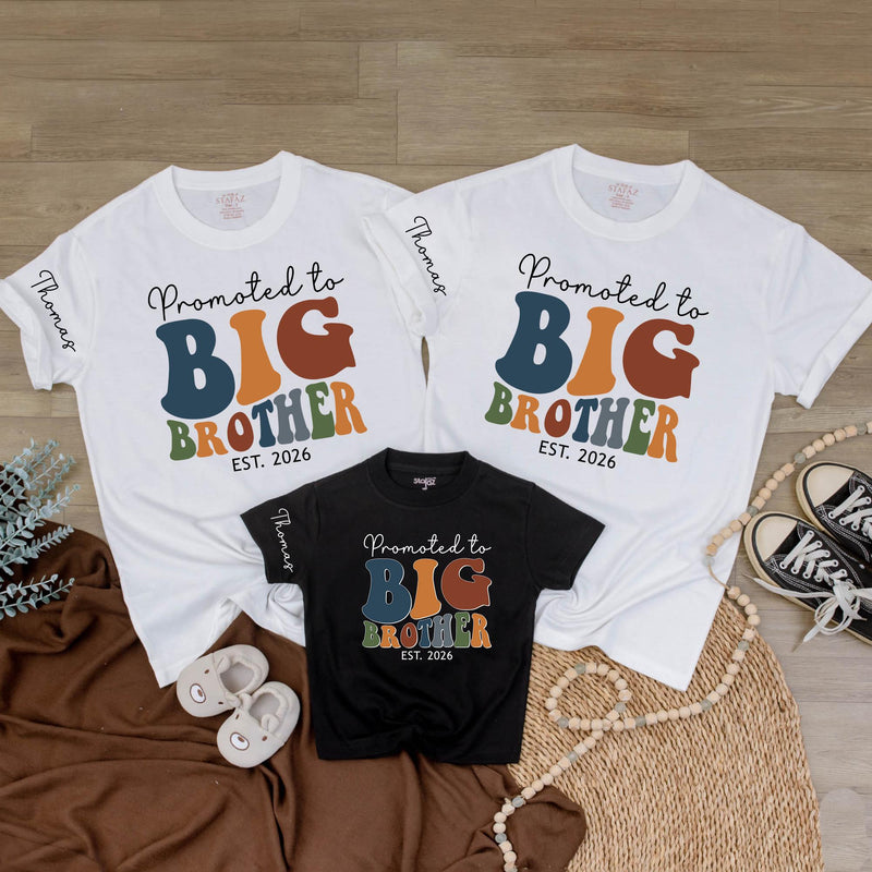 Promoted to Big Brother 2026 Baby Romper & Kids Sweatshirt, Retro Groovy Matching Family Outfit, Custom Name Sibling Announcement Gift