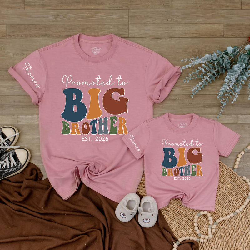 Promoted to Big Brother 2026 Baby Romper & Kids Sweatshirt, Retro Groovy Matching Family Outfit, Custom Name Sibling Announcement Gift