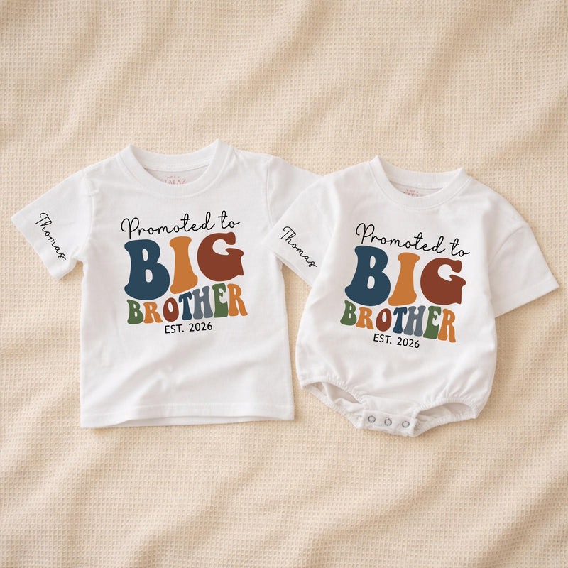 Promoted to Big Brother 2026 Baby Romper & Kids Sweatshirt, Retro Groovy Matching Family Outfit, Custom Name Sibling Announcement Gift