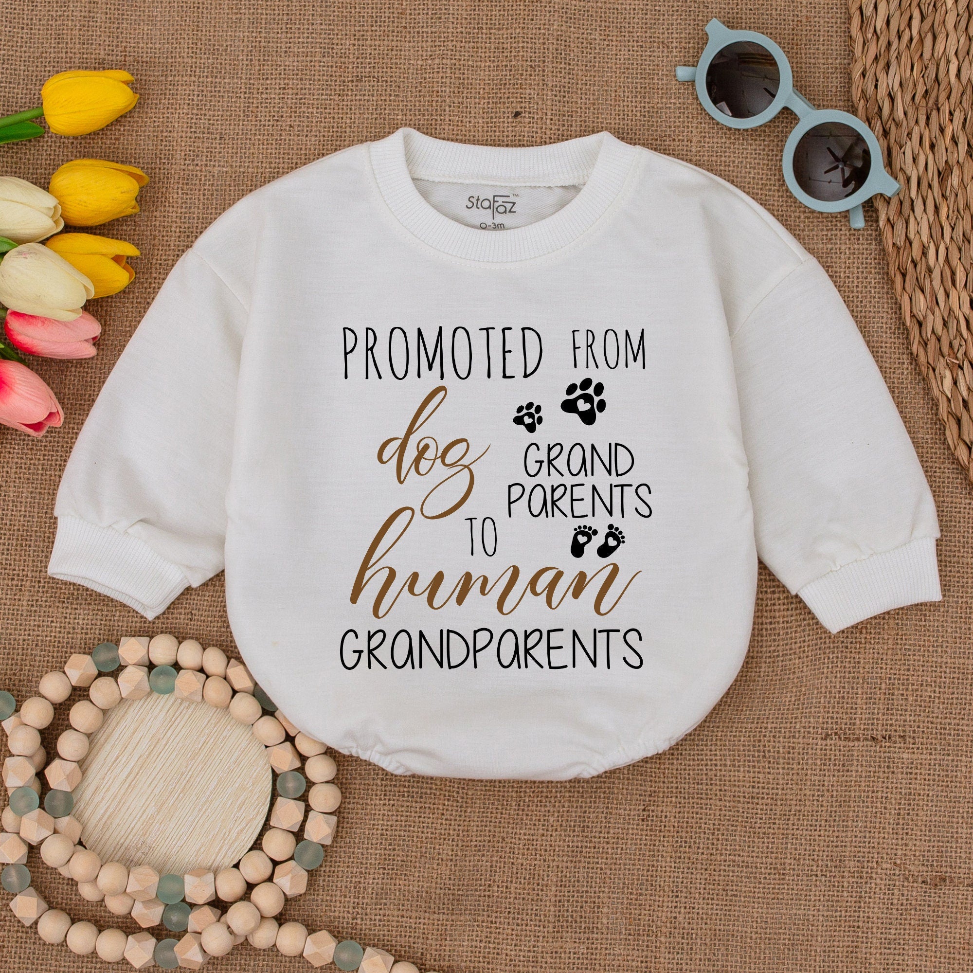 Promoted From Dog Grandparents to Human Grandparents Baby Romper Newborn Cotton Bodysuit Heartwarming Baby Shower Gift