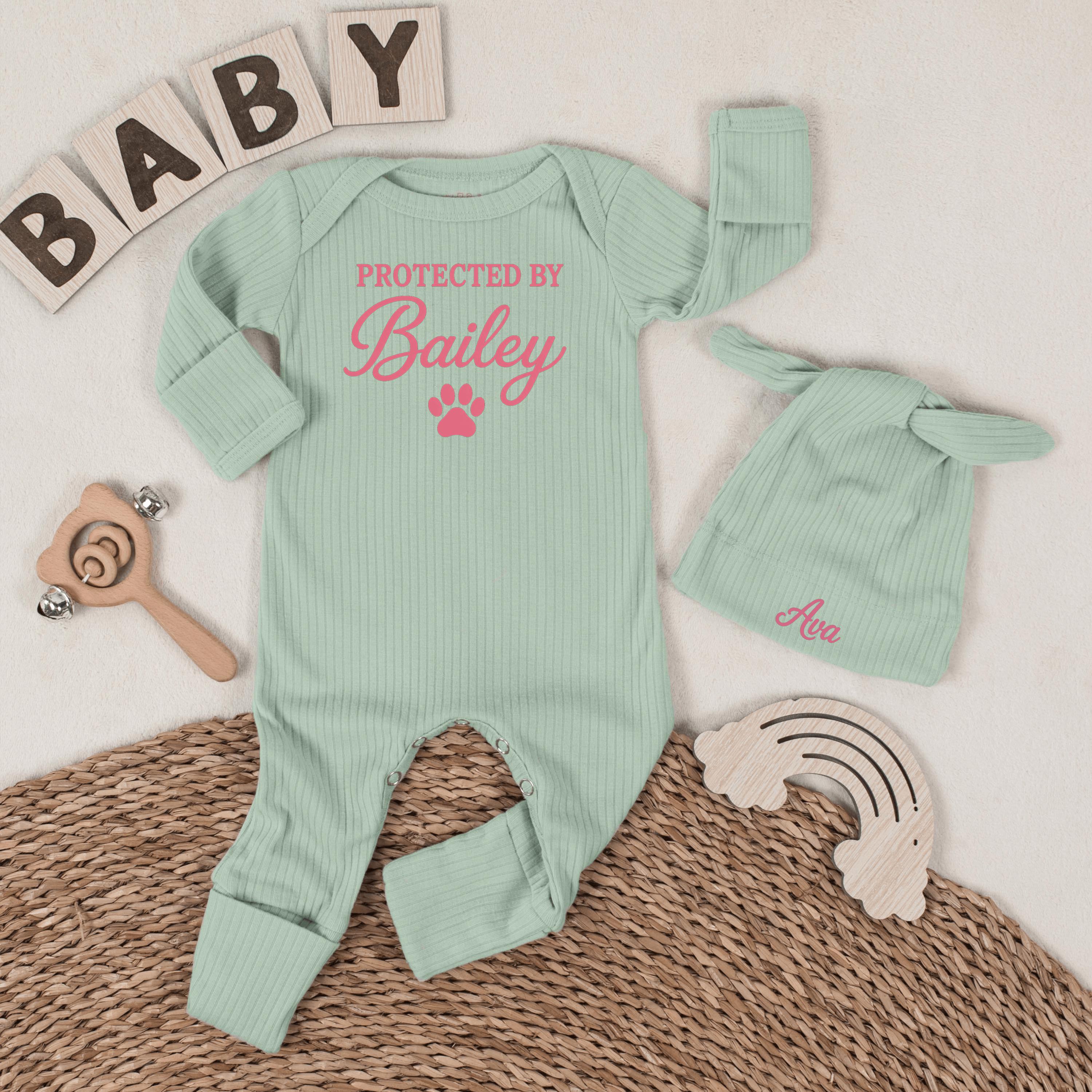 Protected By Dog Baby Bodysuit with Paw Print Design and Custom Name Hat, Mint Green Newborn Coming Home Outfit