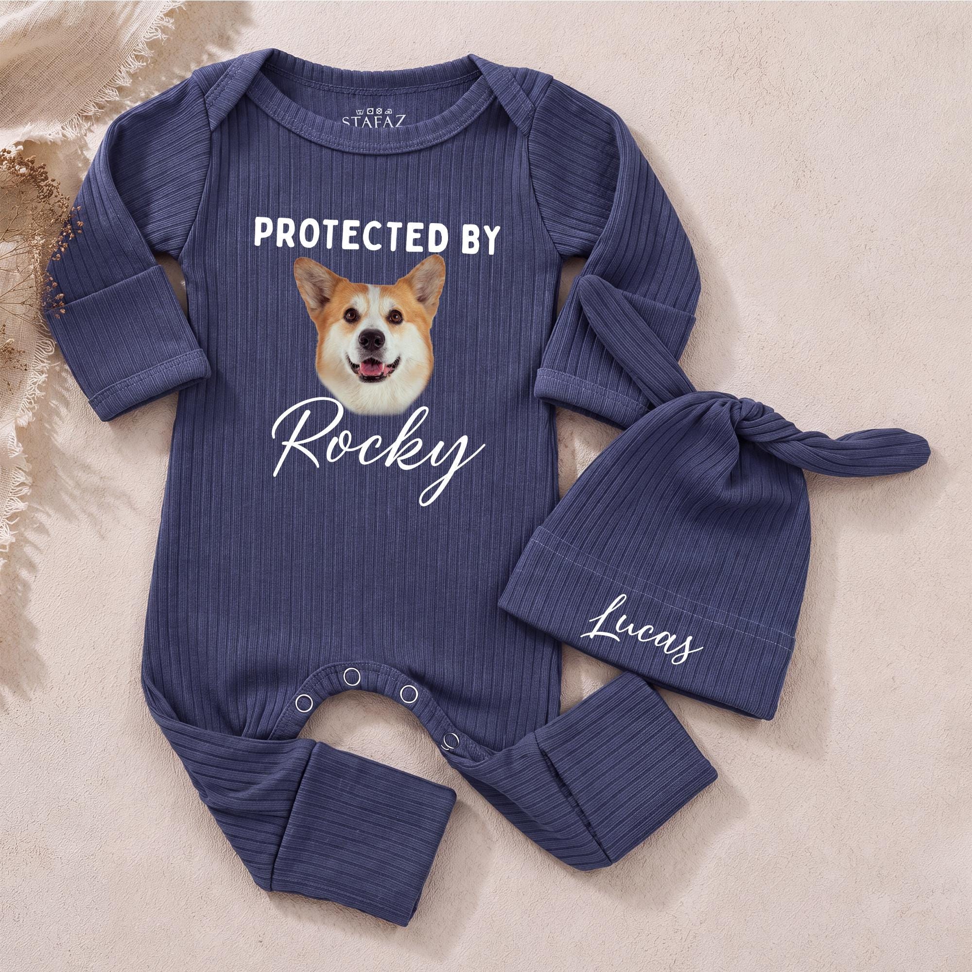 Protected By My Dog Baby Bodysuit with Custom Pet Photo and Name Hat, Newborn Coming Home Outfit, Personalized Baby Gift