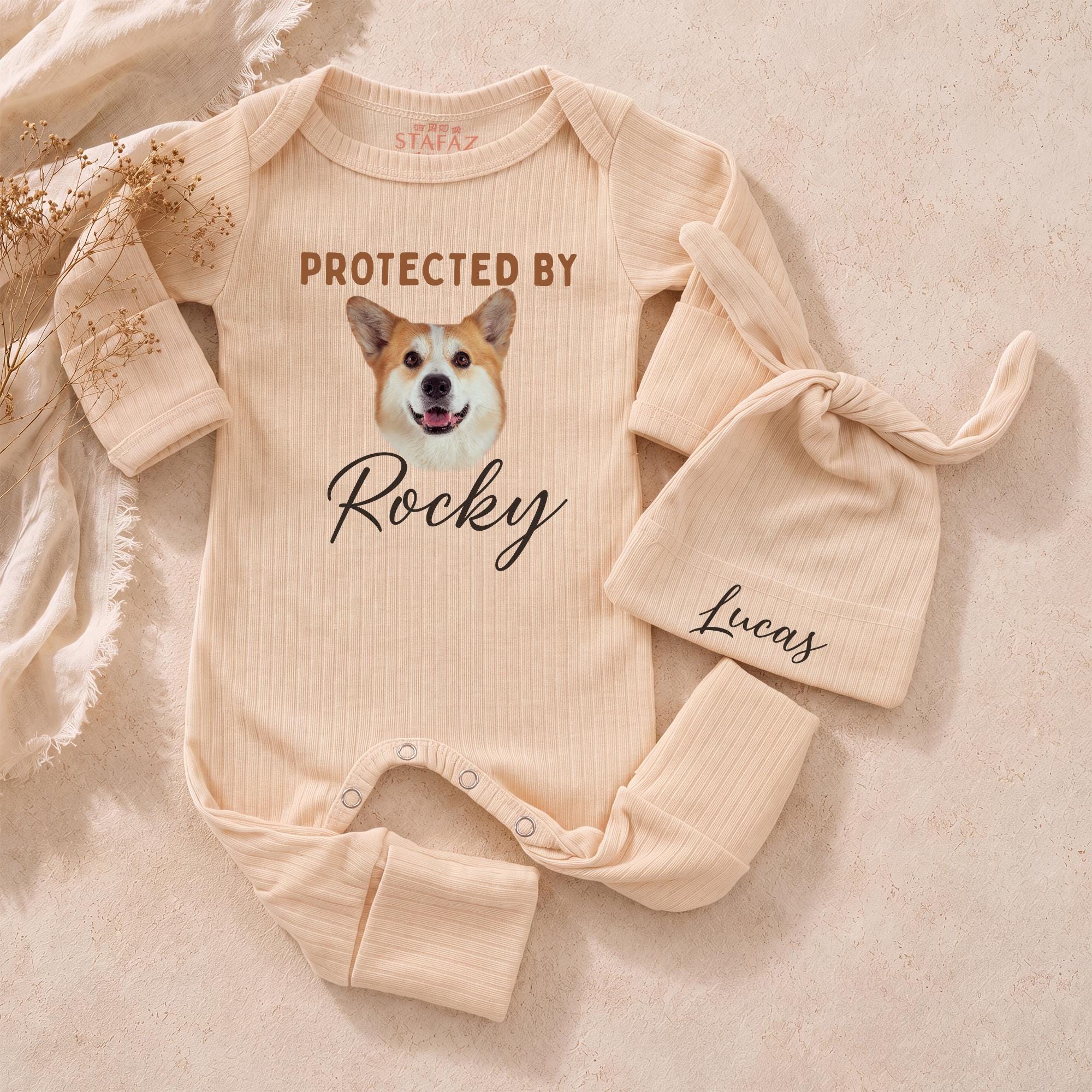 Protected By My Dog Baby Bodysuit with Custom Pet Photo and Name Hat, Newborn Coming Home Outfit, Personalized Baby Gift
