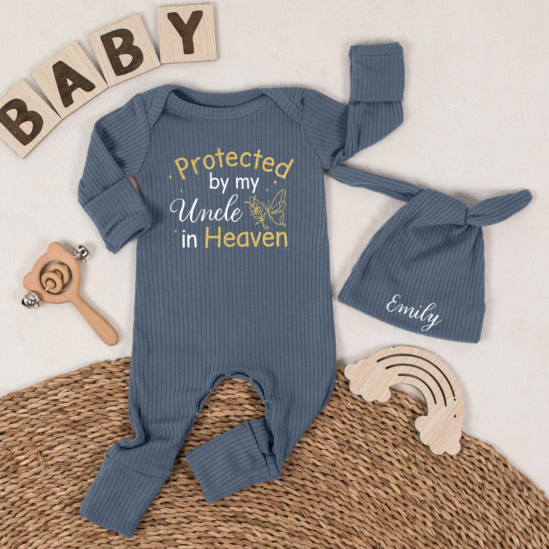 Protected by My Uncle in Heaven Baby Romper with Name Hat Custom Infant Outfit Sentimental Memorial Gift Butterfly Design Soft Cotton