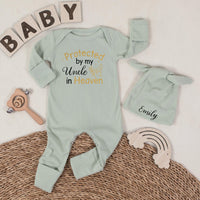 Protected by My Uncle in Heaven Baby Romper with Name Hat Custom Infant Outfit Sentimental Memorial Gift Butterfly Design Soft Cotton