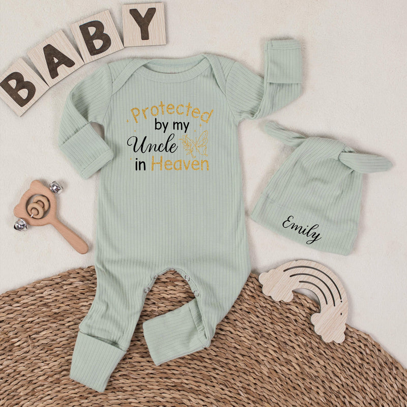 Protected by My Uncle in Heaven Baby Romper with Name Hat Custom Infant Outfit Sentimental Memorial Gift Butterfly Design Soft Cotton