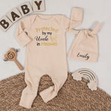 Protected by My Uncle in Heaven Baby Romper with Name Hat Custom Infant Outfit Sentimental Memorial Gift Butterfly Design Soft Cotton